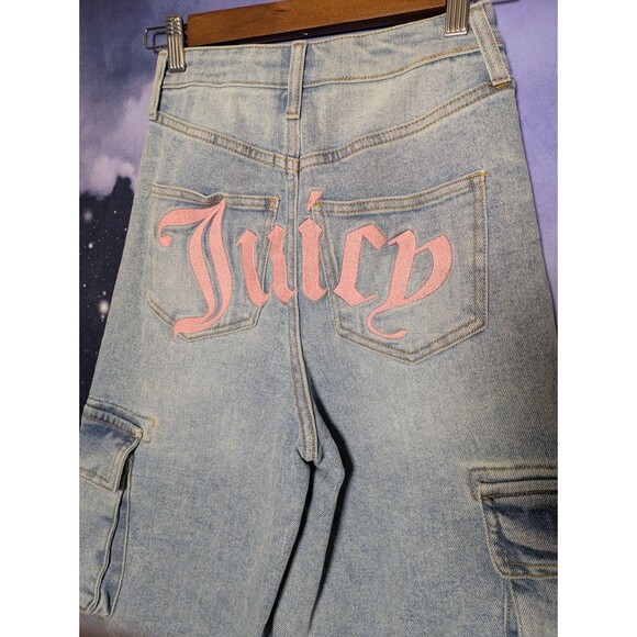 Juicy Couture Pink Logo Cargo Jeans Y2K Wide Leg Raw Hem Size 0/24 Lunita - Picture 3 of 10